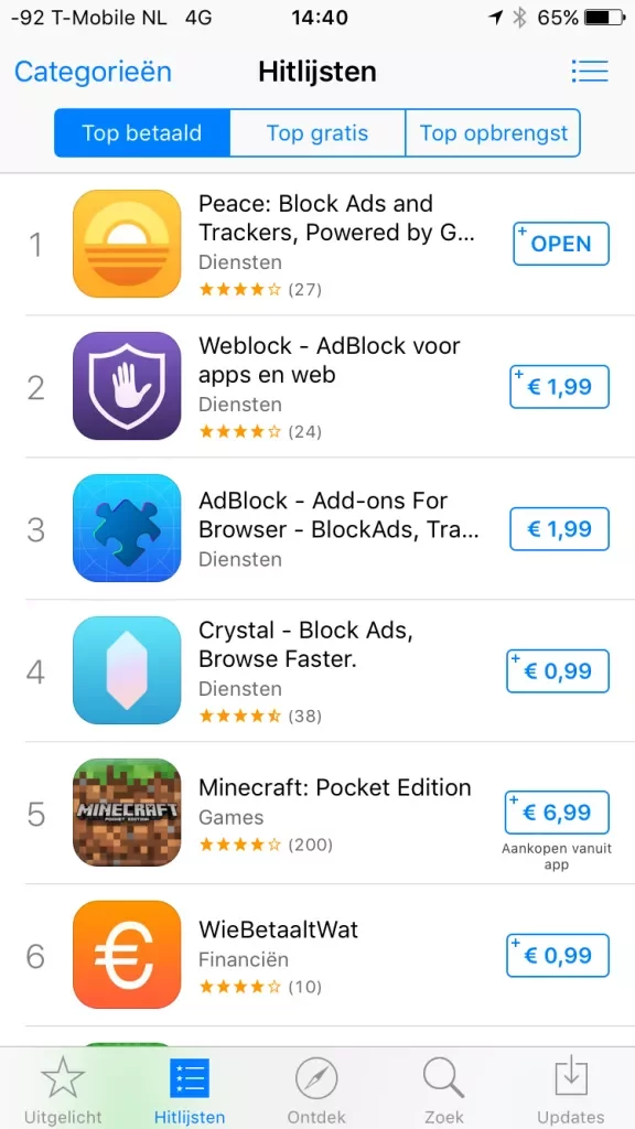 Apple App store hitlijsten op 18 september 2015 in NL