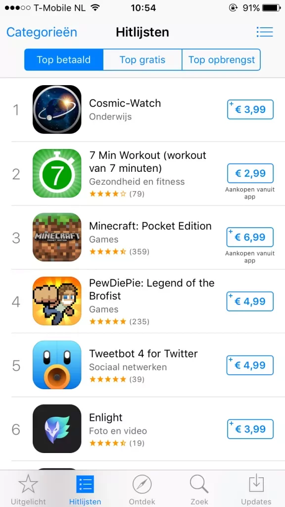Apple App store hitlijsten op 5 oktober 2015 in NL